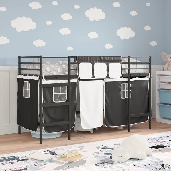 vidaXL Estructura de Cama Alta para Ni&ntilde;os con Cortinas Negro