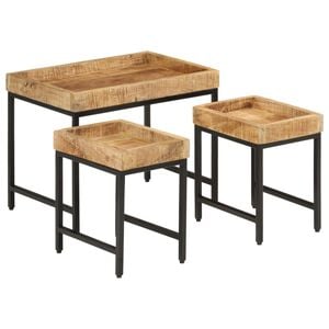 vidaXL Mesas apilables 3 piezas madera de mango rugosa maciza y hierro