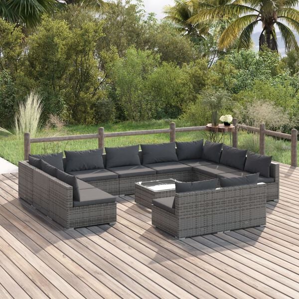 vidaXL Set de muebles de jard&iacute;n 12 pzas cojines rat&aacute;n sint&eacute;tico gris