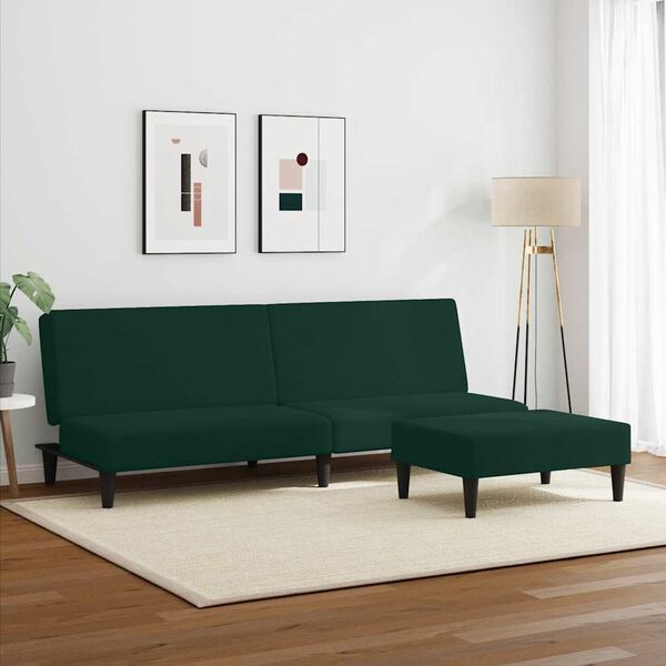 vidaXL Sof&aacute; cama de 2 plazas con taburete terciopelo verde oscuro
