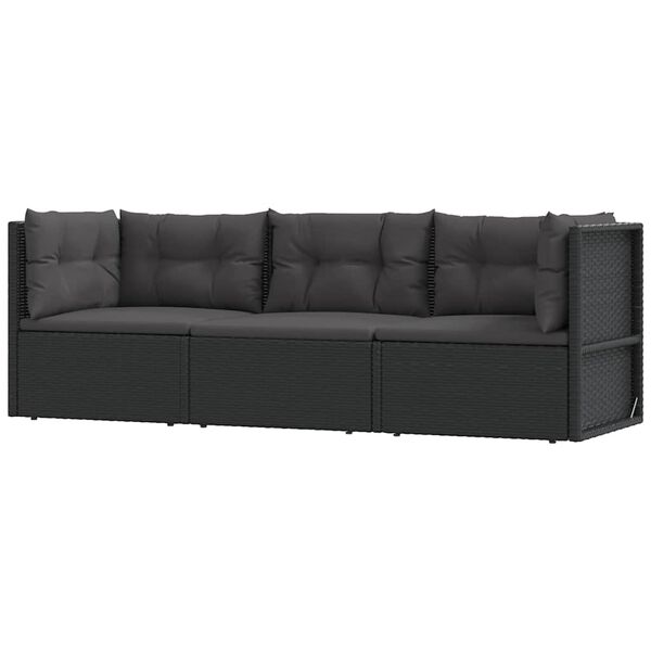 vidaXL Set de muebles de jard&iacute;n 3 pzas y cojines rat&aacute;n sint&eacute;tico negro
