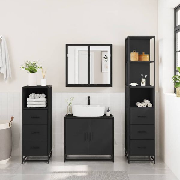 vidaXL Juego de muebles de ba&ntilde;o 4 pzas madera contrachapada negro