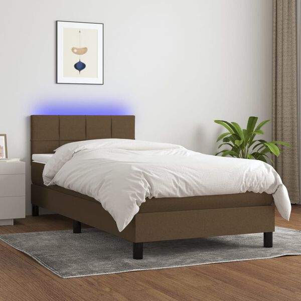 vidaXL Cama box spring colch&oacute;n luces LED tela marr&oacute;n oscuro 100x200cm