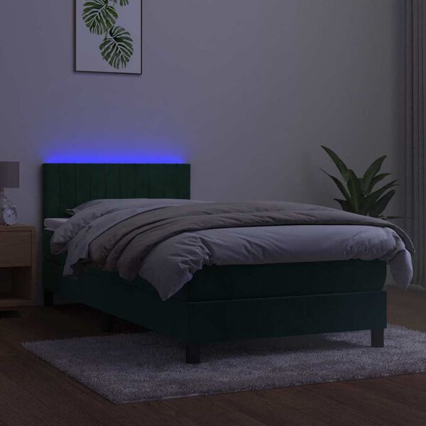 vidaXL Cama box spring colch&oacute;n y LED terciopelo verde oscuro 90x190 cm