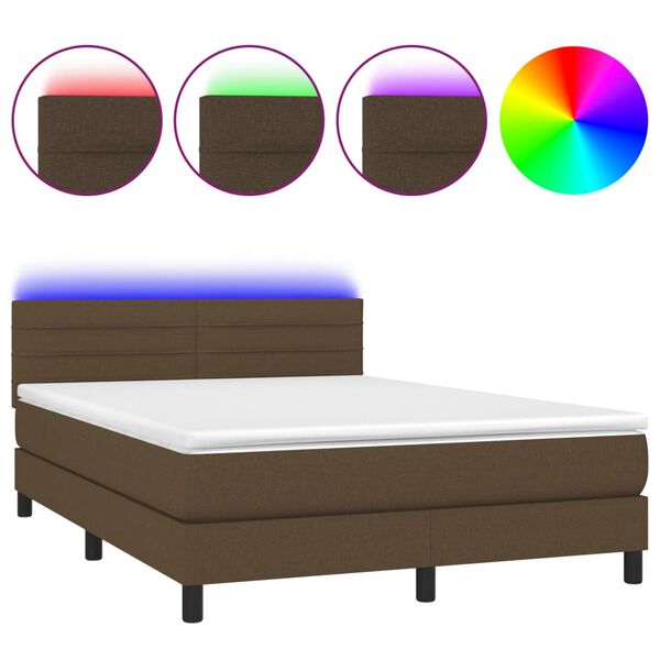 vidaXL Cama box spring colch&oacute;n luces LED tela marr&oacute;n oscuro 140x190 cm