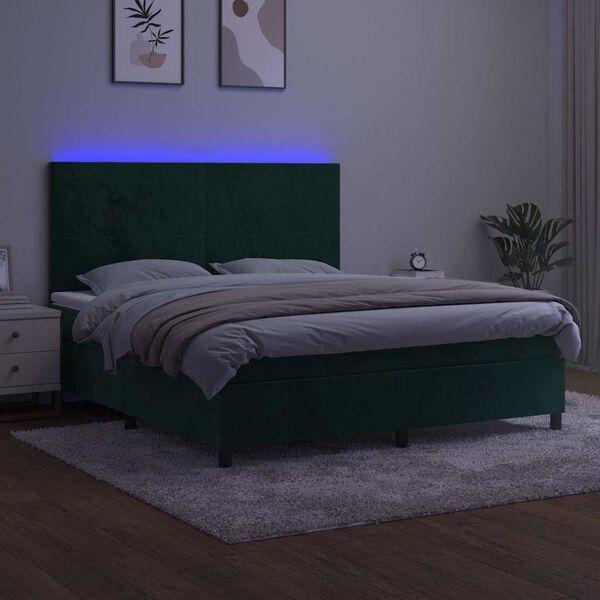 vidaXL Cama box spring colch&oacute;n y LED terciopelo verde oscuro 160x200cm