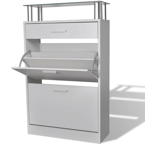 vidaXL Mueble zapatero con caj&oacute;n y estante superior de vidrio blanco
