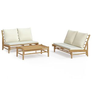 vidaXL Set de muebles de jard&iacute;n 3 piezas bamb&uacute; y cojines blanco crema