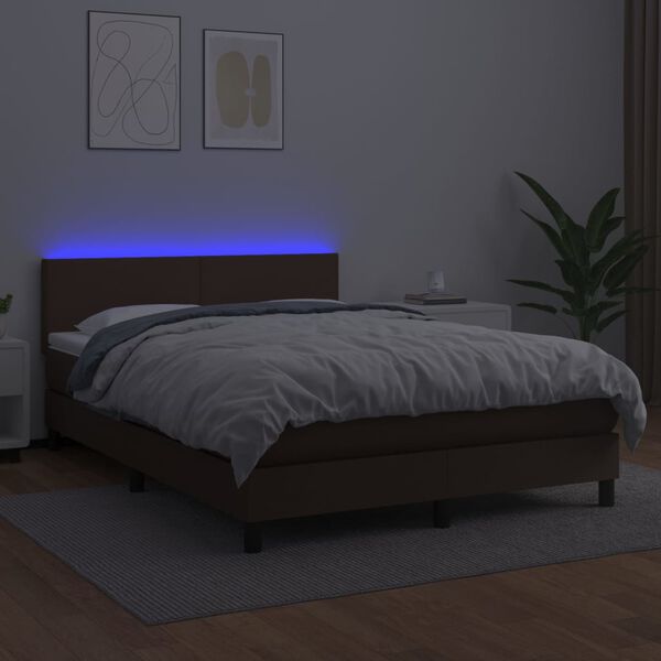 vidaXL Cama box spring colch&oacute;n y LED cuero sint&eacute;tico marr&oacute;n 140x200 cm
