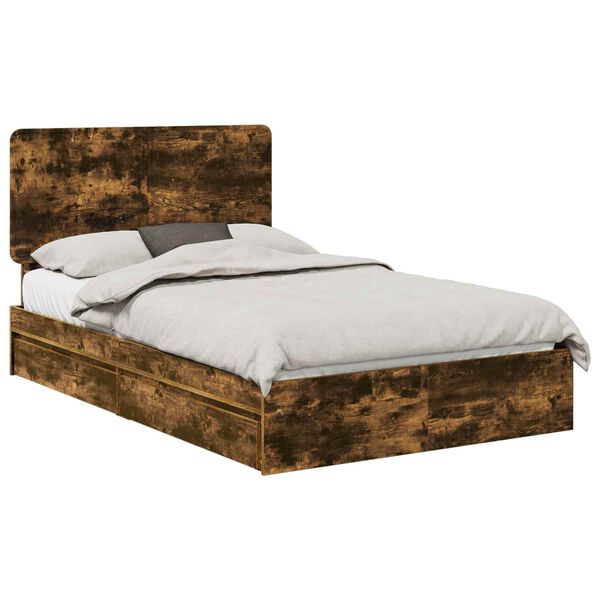 vidaXL Cama con almacenamiento con cabecera Roble ahumado 135 x 190 cm