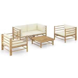 vidaXL Set de muebles de jard&iacute;n 5 piezas bamb&uacute; y cojines blanco crema