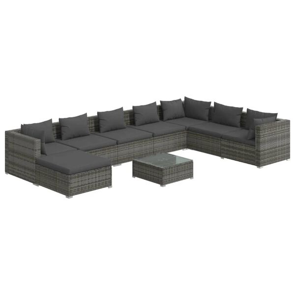 vidaXL Set de muebles de jard&iacute;n 9 pzas y cojines rat&aacute;n sint&eacute;tico gris