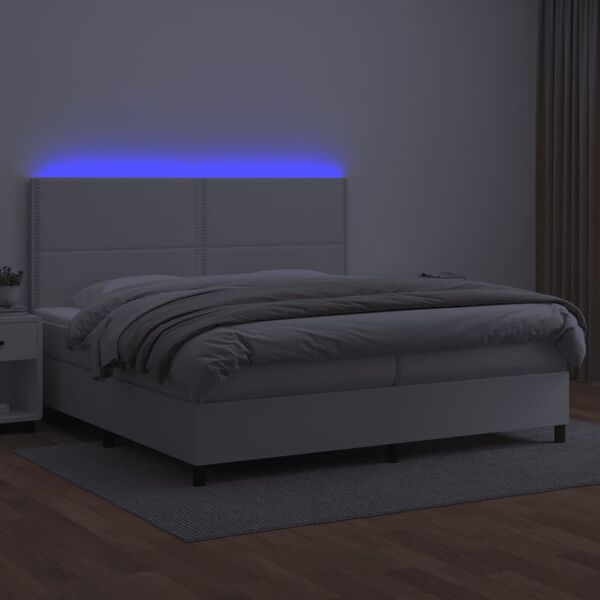 vidaXL Cama box spring colch&oacute;n y LED cuero sint&eacute;tico blanco 200x200 cm
