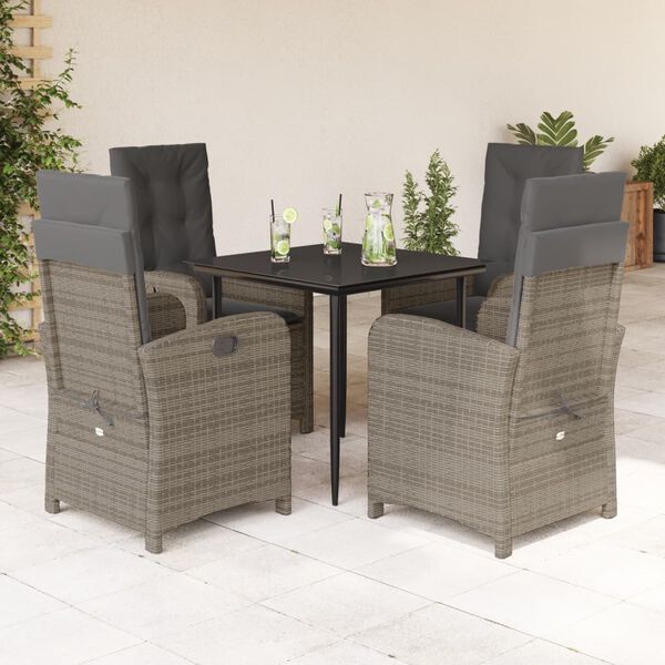 vidaXL Set comedor de jard&iacute;n 5 piezas con cojines rat&aacute;n sint&eacute;tico gris
