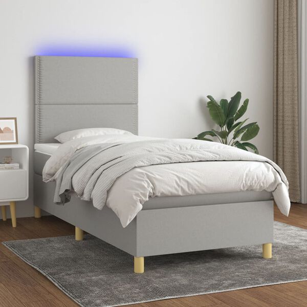 vidaXL Cama box spring colch&oacute;n y luces LED tela gris claro 90x190 cm