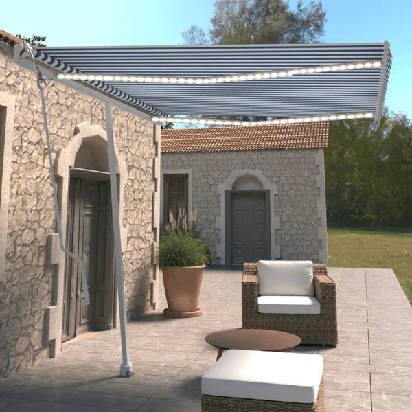 vidaXL Toldo autom&aacute;tico LED sensor de viento azul y blanco 300x250 cm