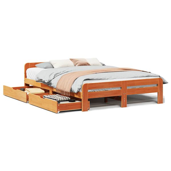 vidaXL Cama sin colch&oacute;n madera maciza de pino marr&oacute;n cera 160x200 cm