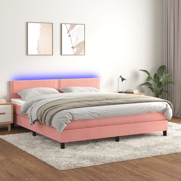 vidaXL Cama box spring colch&oacute;n y LED terciopelo rosa 180x200 cm