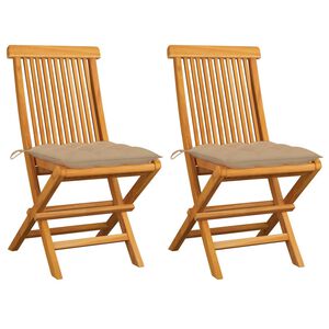 vidaXL Sillas plegables con cojines beige, 2 unidades, madera maciza de teca.