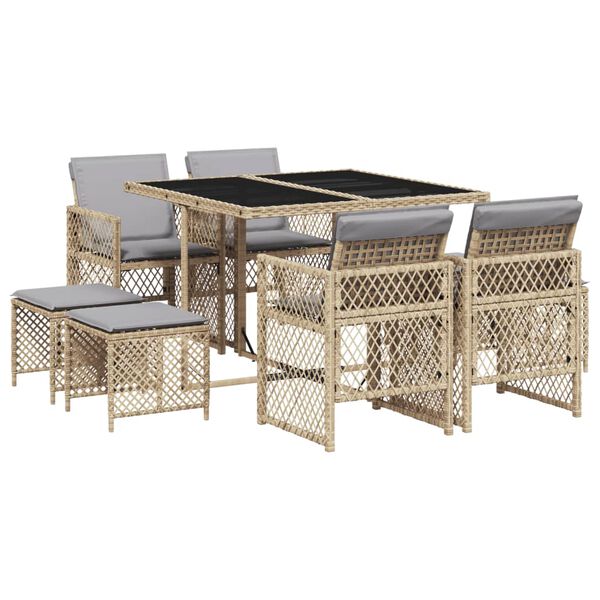 vidaXL Set comedor de jard&iacute;n 9 pzas con cojines rat&aacute;n sint&eacute;tico beige
