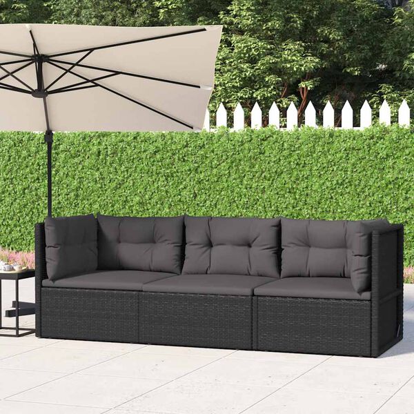 vidaXL Set de muebles de jard&iacute;n 3 pzas y cojines rat&aacute;n sint&eacute;tico negro