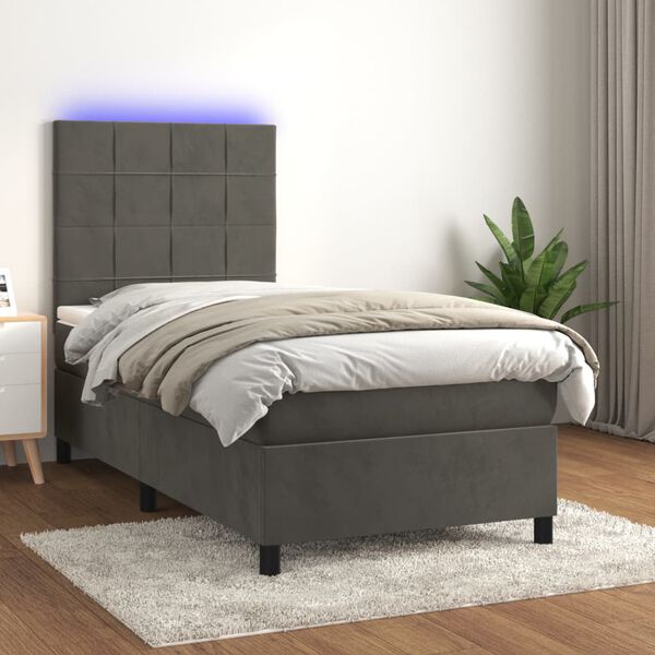 vidaXL Cama box spring colch&oacute;n y LED terciopelo gris oscuro 100x200 cm