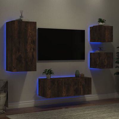 vidaXL Muebles TV pared con LED 5 pzas madera ingeniería roble ahumado