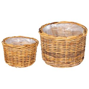 vidaXL Cesta para Plantas con almacenamiento 2 pcs Marr&oacute;n Rat&aacute;n Kubu
