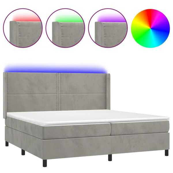 vidaXL Cama box spring colch&oacute;n y LED terciopelo gris claro 200x200 cm