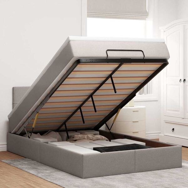 vidaXL Cama otomana con colch&oacute;n y luces LED tela gris taup&eacute; 120x190cm