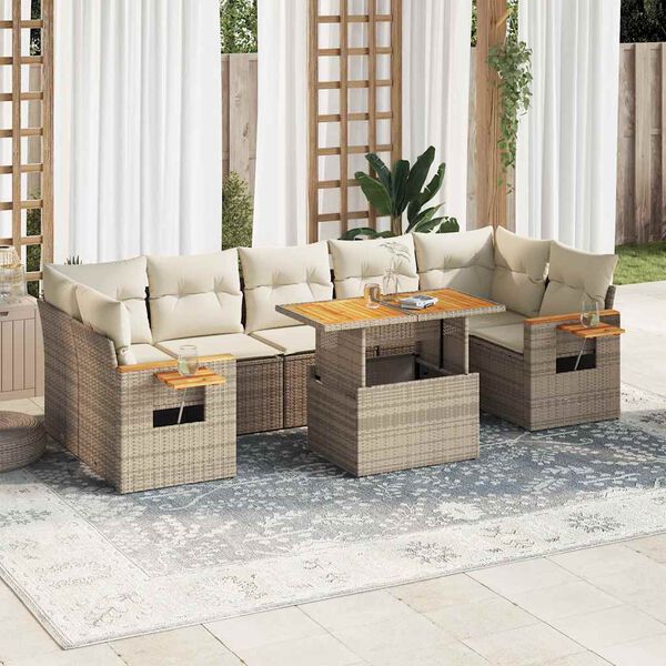 vidaXL Set sof&aacute;s jard&iacute;n y cojines 8 pzas rat&aacute;n sint&eacute;tico acacia beige