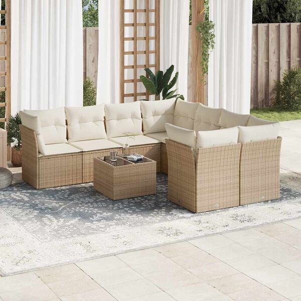vidaXL Set de sof&aacute;s de jard&iacute;n 9 pzas con cojines rat&aacute;n sint&eacute;tico beige