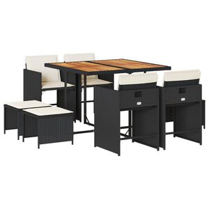 vidaXL Set de comedor de jard&iacute;n 9 pzas y cojines rat&aacute;n sint&eacute;tico negro