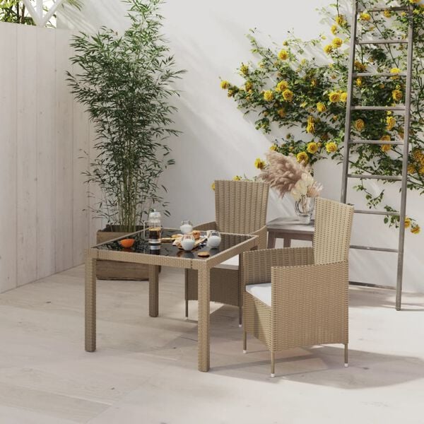 vidaXL Set de comedor de jard&iacute;n 3 pzas y cojines rat&aacute;n sint&eacute;tico beige