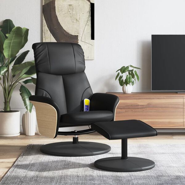 vidaXL Sill&oacute;n reclinable masaje con reposapi&eacute;s cuero sint&eacute;tico negro