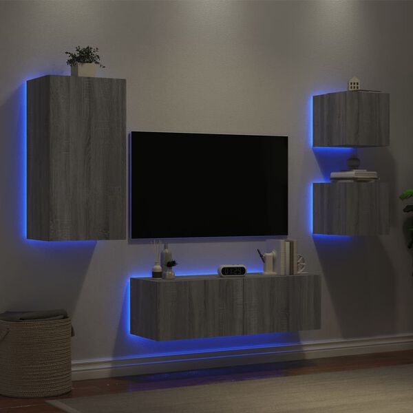 vidaXL Muebles de TV de pared con luces LED 4 piezas gris Sonoma