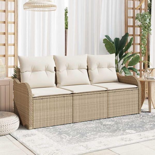 vidaXL Conjunto de sof&aacute; de jard&iacute;n con coj&iacute;n 3 pcs Beige Polirat&aacute;n