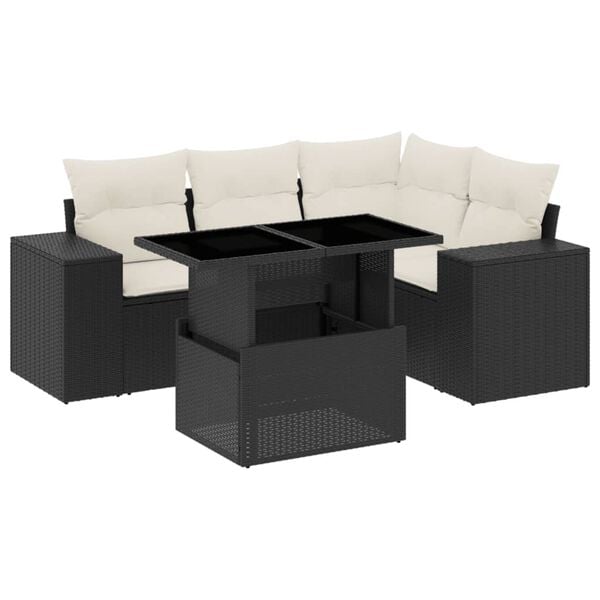 vidaXL Set de muebles de jard&iacute;n 5 pzas y cojines rat&aacute;n sint&eacute;tico negro