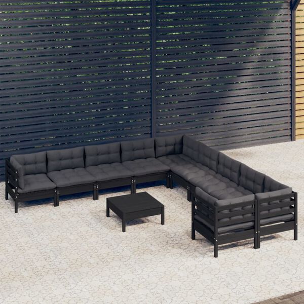 vidaXL Muebles de jard&iacute;n 11 pzas y cojines negro madera de pino