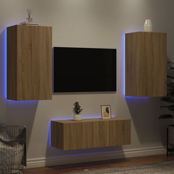 vidaXL Muebles TV pared con LED 4 pzas madera ingenier&iacute;a roble Sonoma