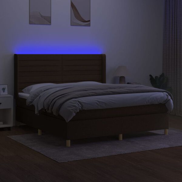 vidaXL Cama box spring colch&oacute;n luces LED tela marr&oacute;n oscuro 160x200cm