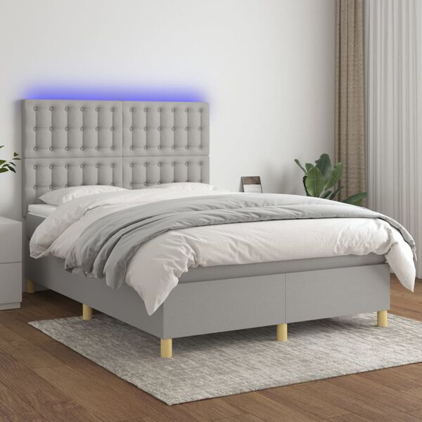 vidaXL Cama box spring colch&oacute;n y luces LED tela gris claro 140x200 cm