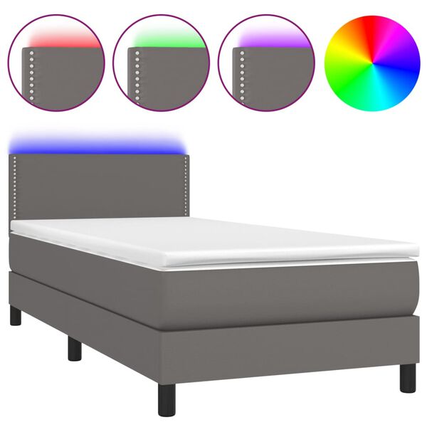 vidaXL Cama box spring colch&oacute;n y LED cuero sint&eacute;tico gris 100x200 cm