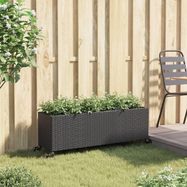 vidaXL Jardinera con ruedas y 3 maceteros rat&aacute;n PE negro 107x32x38 cm