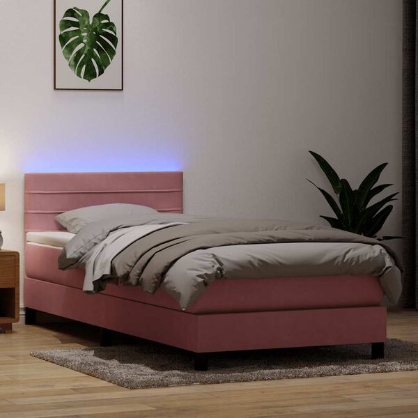 vidaXL Cama box spring con colch&oacute;n y LED terciopelo rosa 100x210 cm