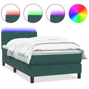 vidaXL Cama box spring con colch&oacute;n y LED terciopelo verde oscuro 90x210 cm