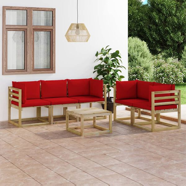 vidaXL Juego de muebles de jard&iacute;n 6 piezas con cojines rojos