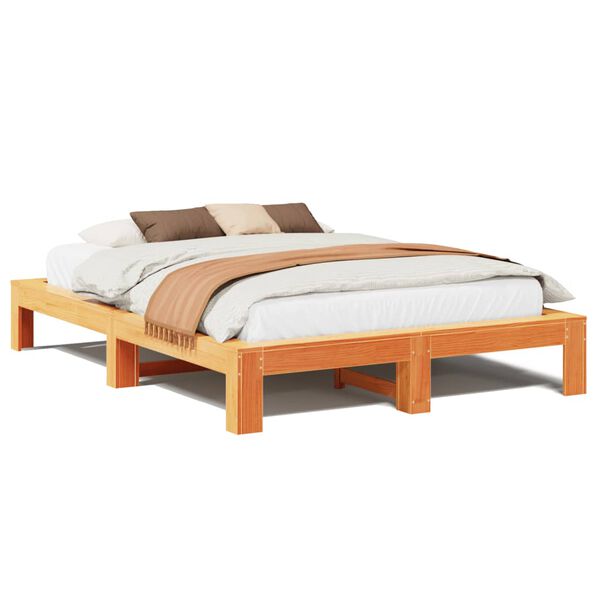 vidaXL Cama sin colch&oacute;n madera maciza de pino marr&oacute;n cera 140x200 cm