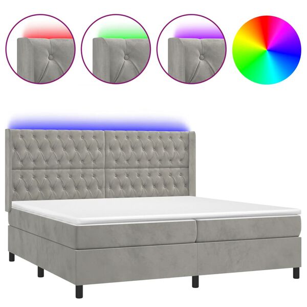vidaXL Cama box spring colch&oacute;n y LED terciopelo gris claro 200x200 cm
