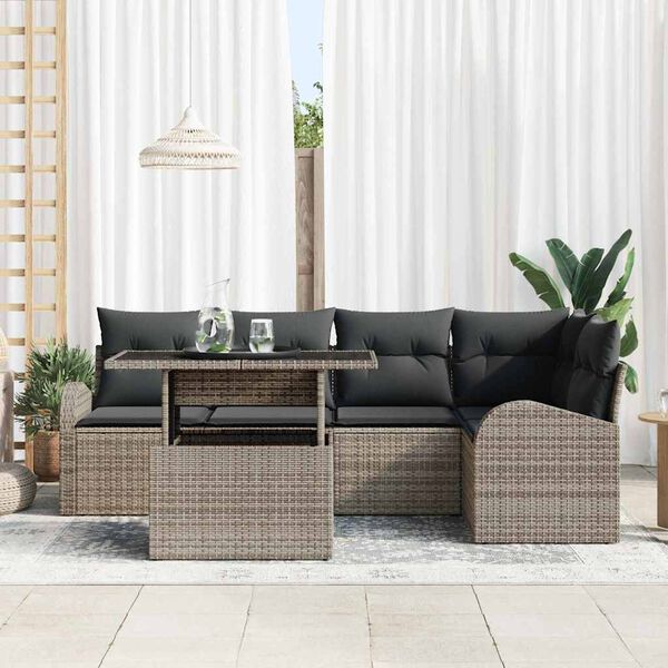 vidaXL Conjunto de sof&aacute; de jard&iacute;n con coj&iacute;n 6 pcs Gris Polirat&aacute;n